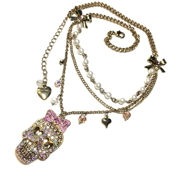 gold tone rainbow glitter gem skull charm necklace - Picture 3 of 4